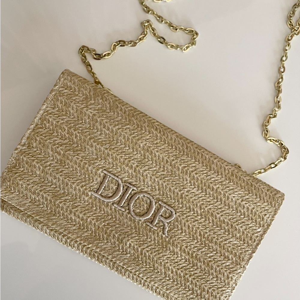 DIOR Tan Beige Woven Chain Bag raffia gold chain purse wristlet clutch LOGO - Picture 2 of 10